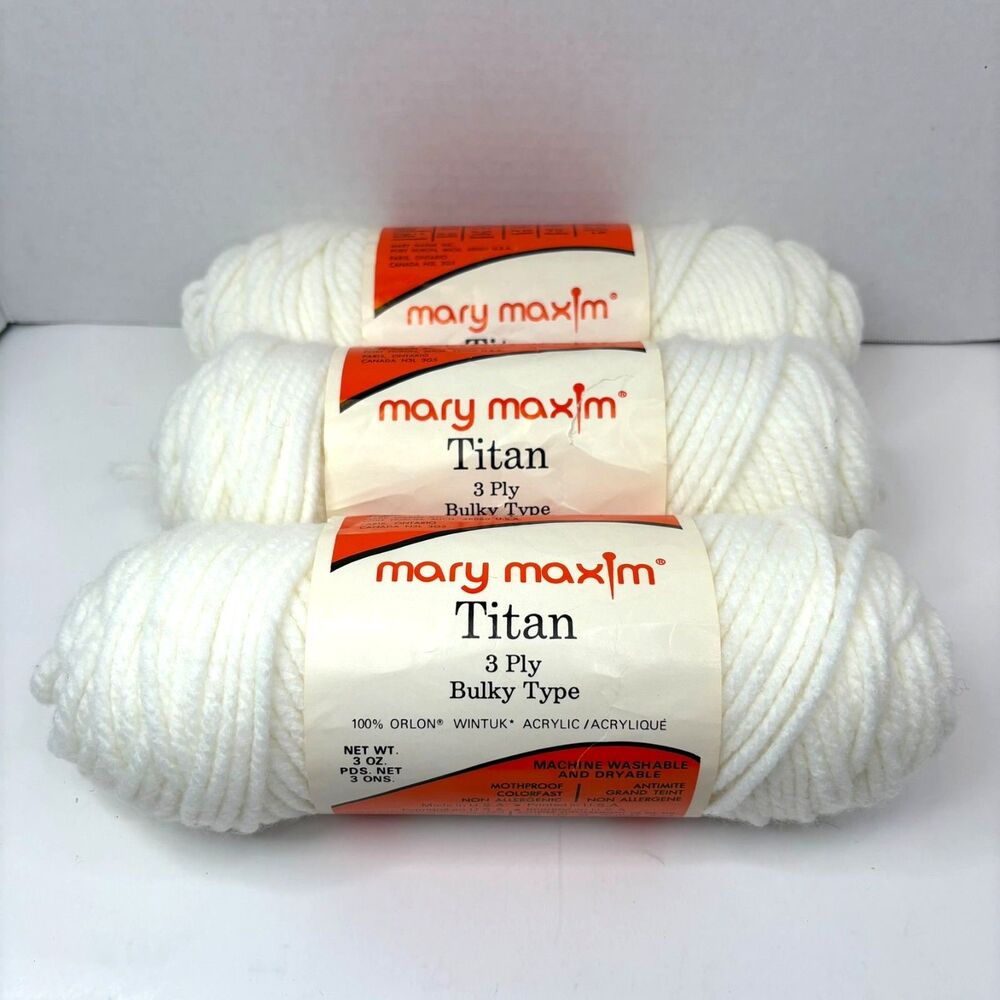Vintage Mary Maxim Titan Yarn Lot (3 Skeins) - Bulky Type White Acrylic 3 Ply